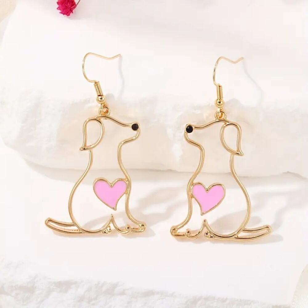 NEW Gold Dog Earrings with Pink Heart – Cute Pet Lover Dangle Jewelry - Picture 4 of 4